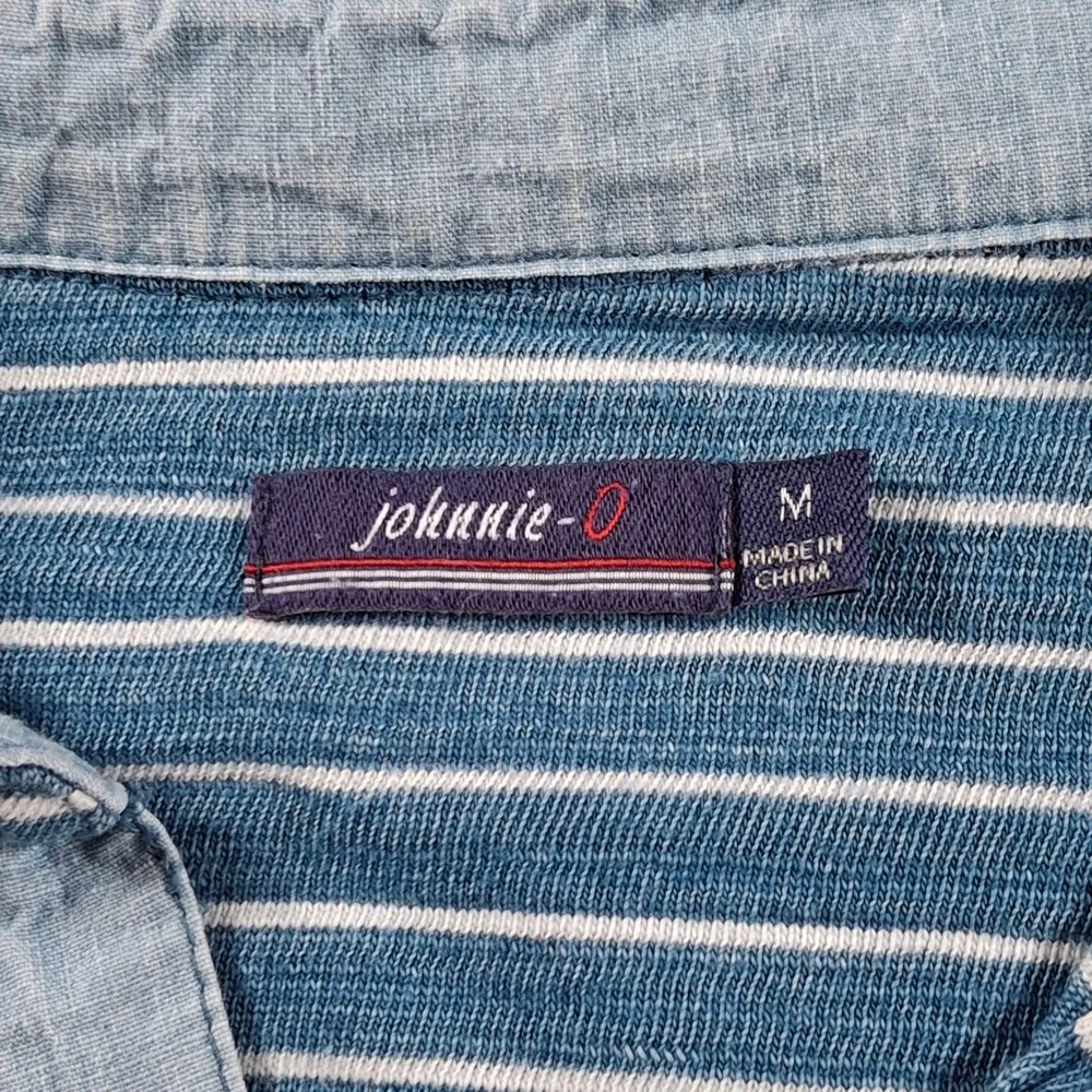 Johnnie-O Mens Blue White Striped Short Sleeve V-Neck Pocket Polo Shirt Size M - Picture 4 of 7